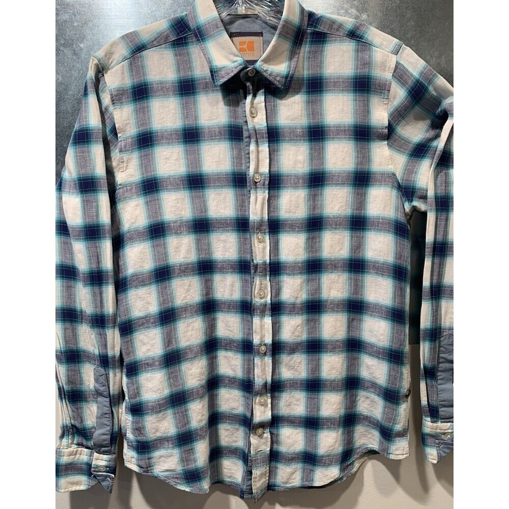 Boss Orange Hugo Boss Turn Back Cuffs S Blue/White Plaid Cotton Linen Blend - Picture 2 of 16